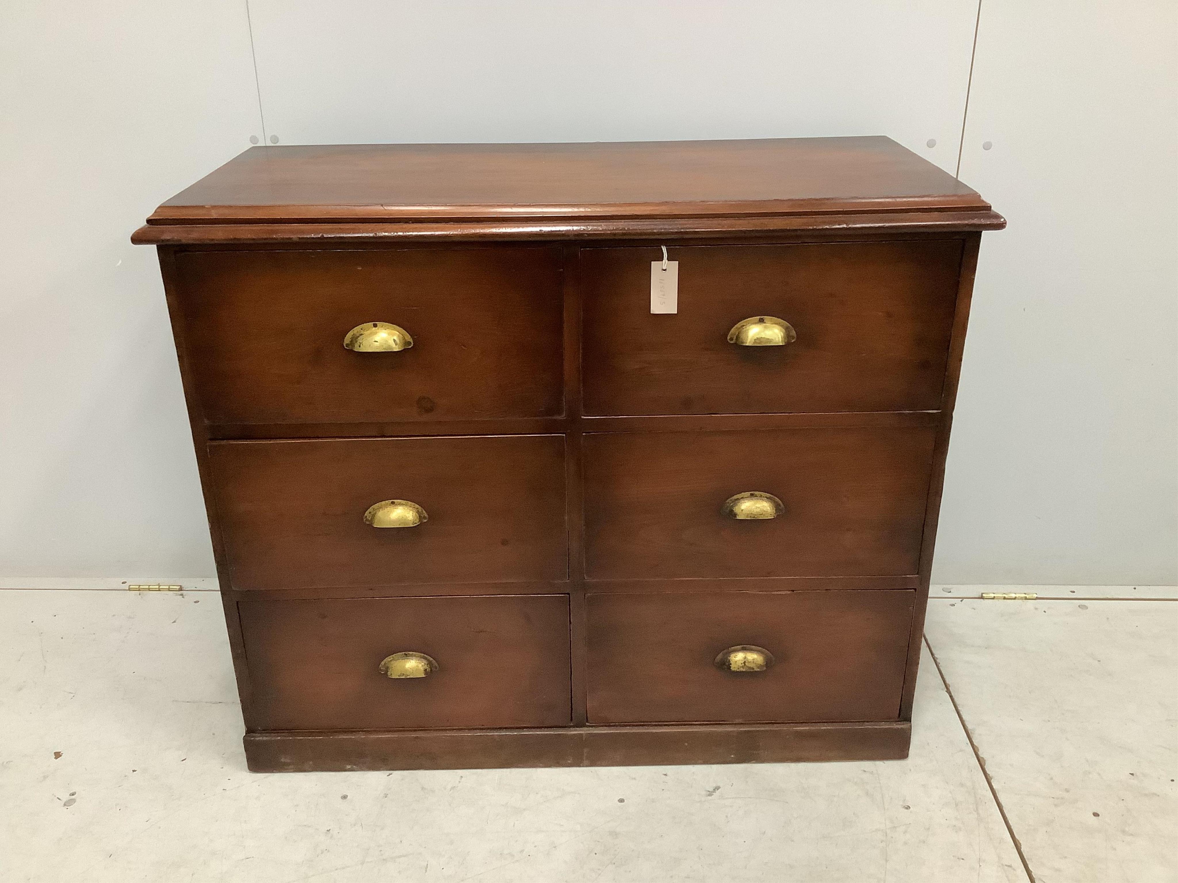 A Victorian and later mahogany six drawer chest with brass cup handles, width 111cm, depth 48cm, height 92cm. Condition - good but top with deep scratches